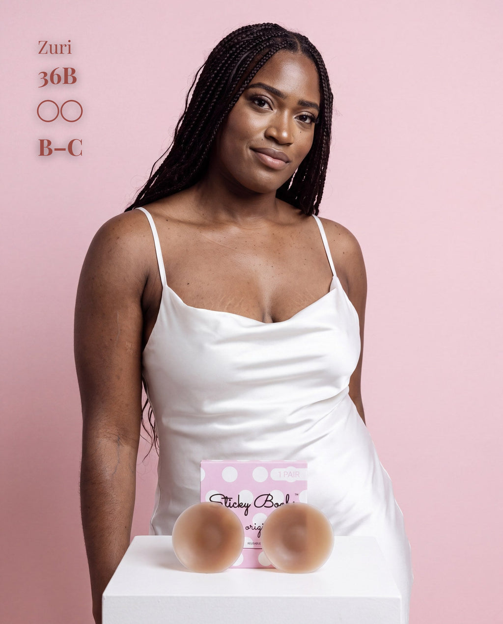 Sticky Boobs adhesive silicone nipple covers, dark shade, model and product packaging