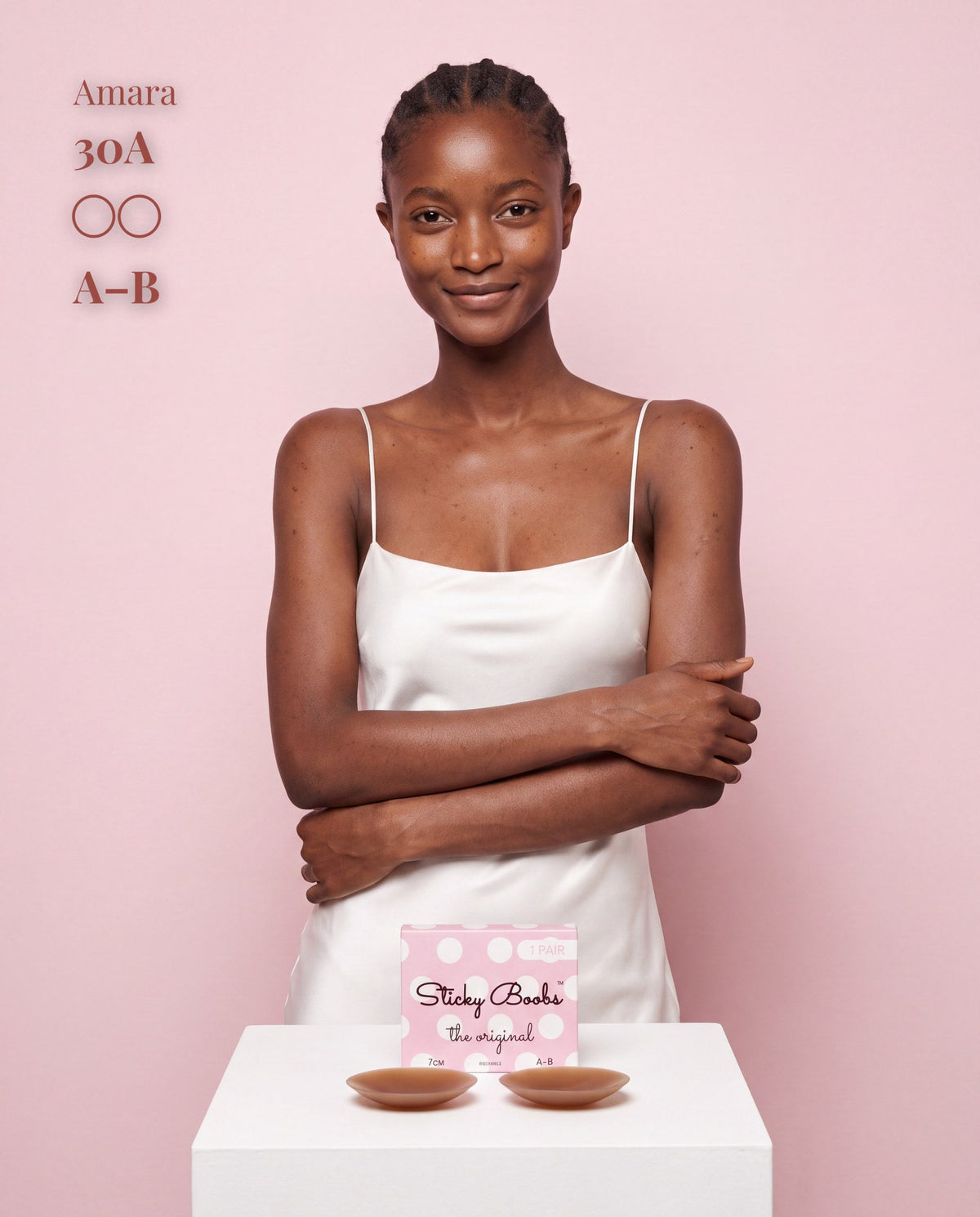 Sticky Boobs adhesive silicone nipple covers, dark shade, model and product packaging