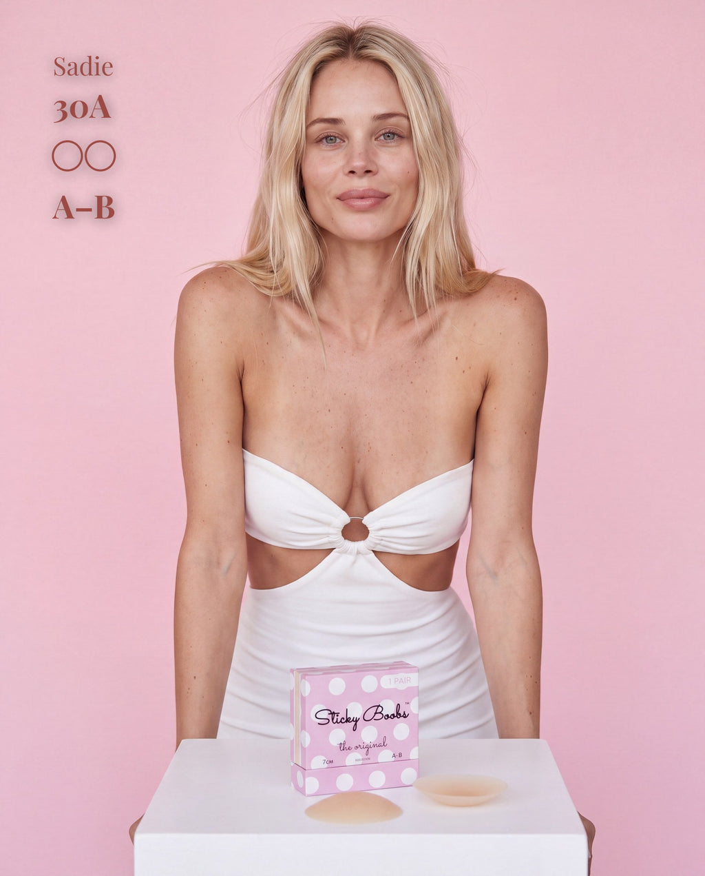 Sticky Boobs adhesive silicone nipple covers, light shade, cup size A–B, model and product packaging