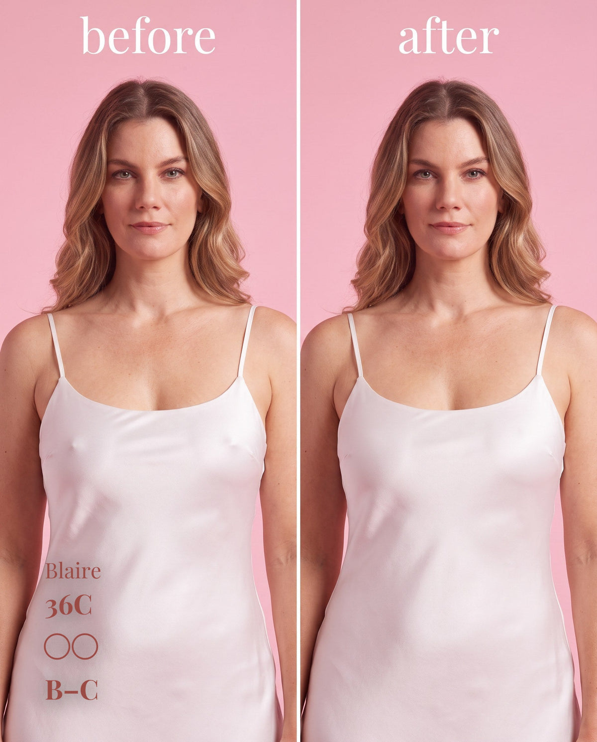 Sticky Boobs adhesive silicone nipple covers, light shade, cup size B–C, before-and-after product demonstration