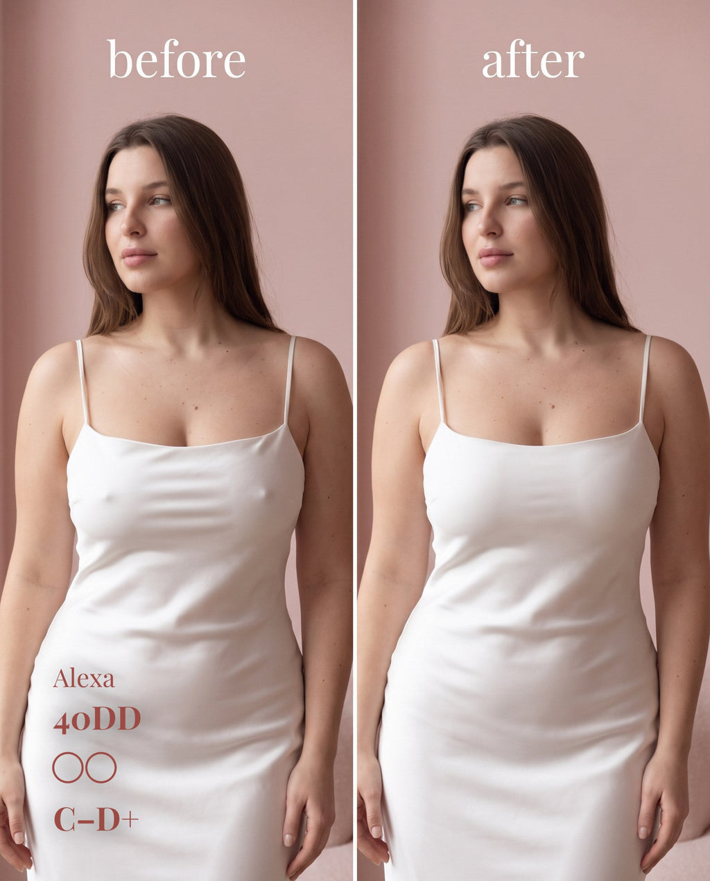 Sticky Boobs adhesive silicone nipple covers, light shade, cup size C–D, before-and-after product demonstration