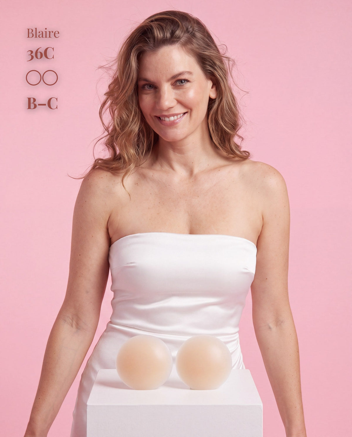 Sticky Boobs adhesive silicone nipple covers, light shade, model and product packaging
