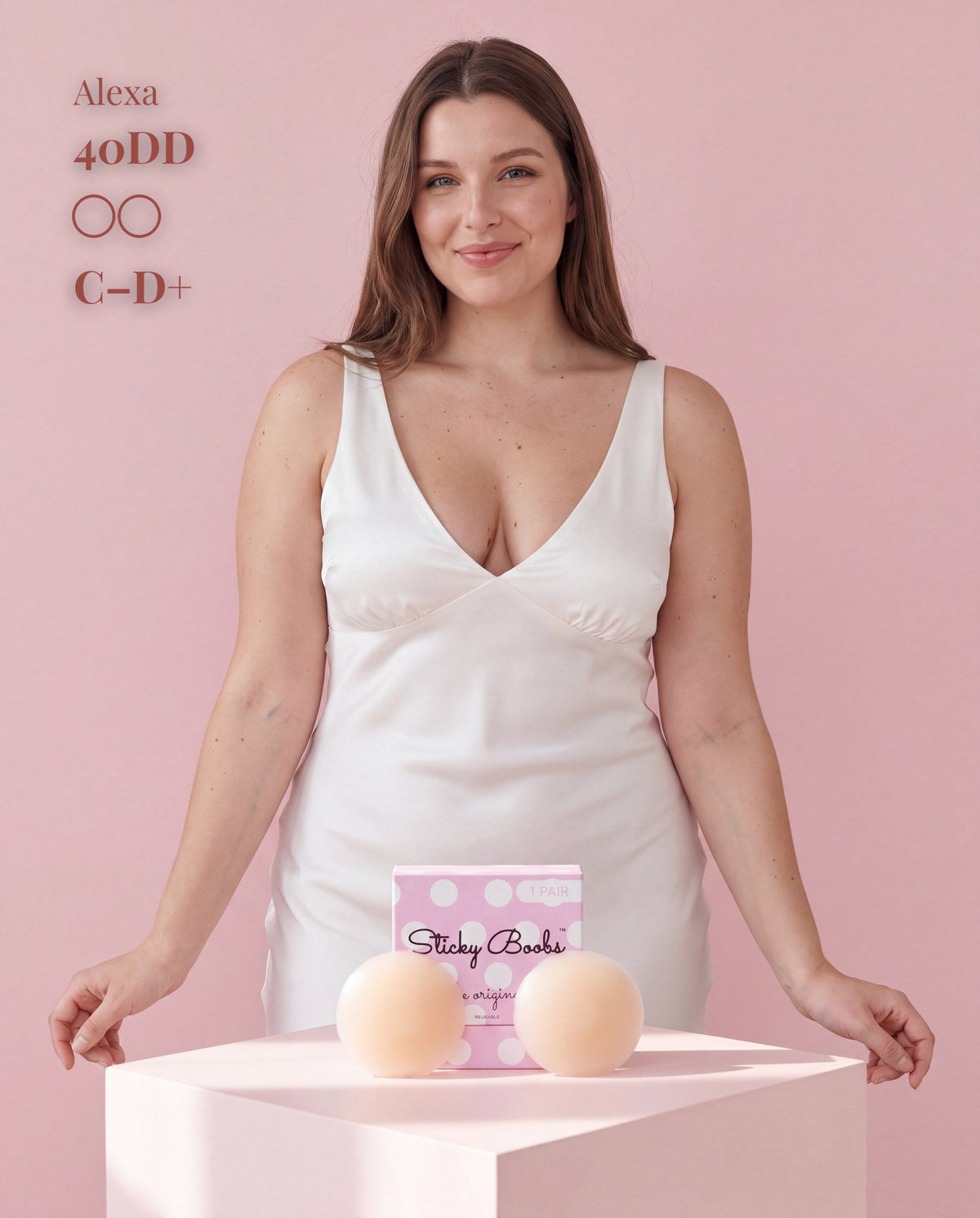 Sticky Boobs adhesive silicone nipple covers, light shade, model and product packaging