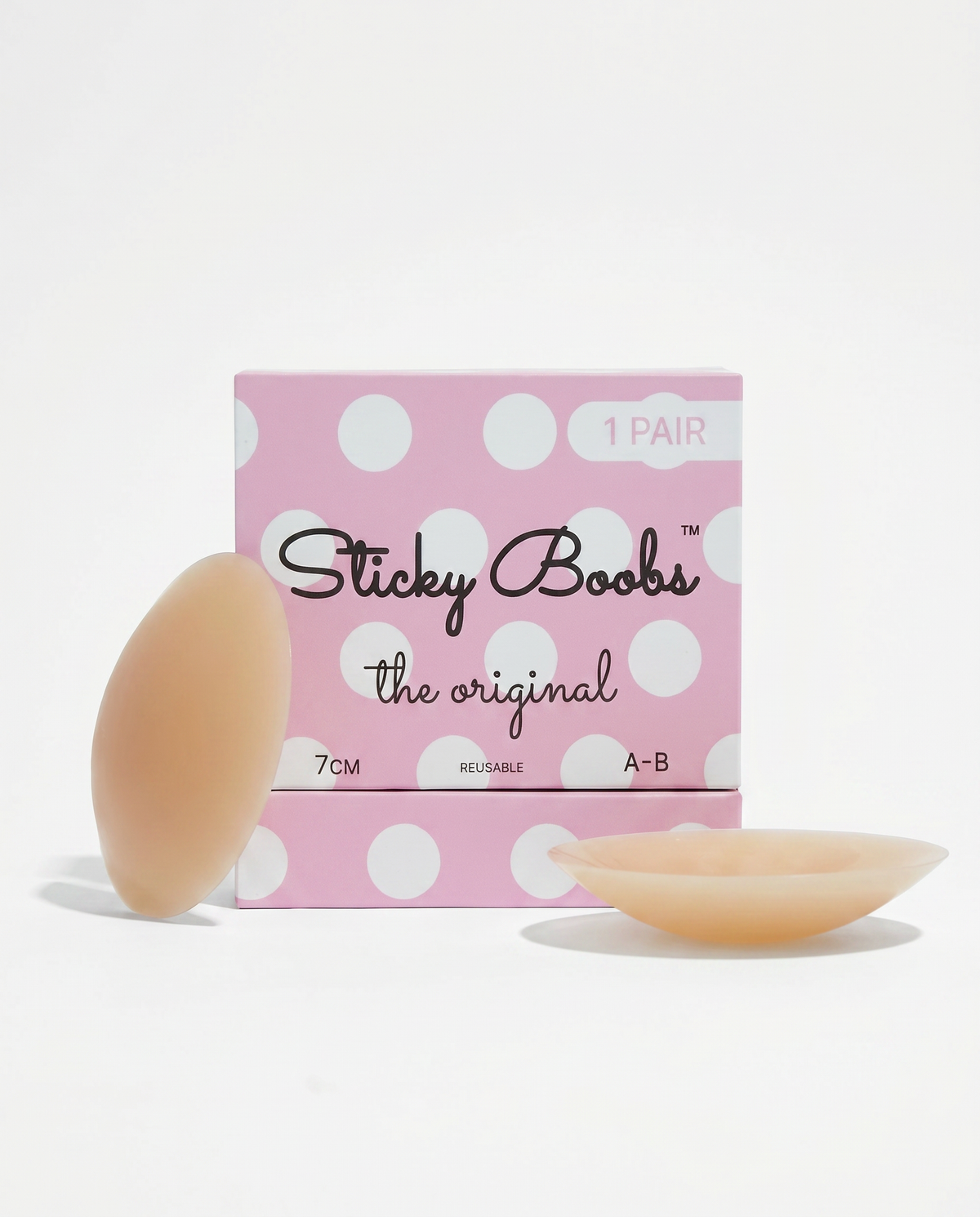 Sticky Boobs adhesive silicone nipple covers, tan shade, cup size A–B, product photograph
