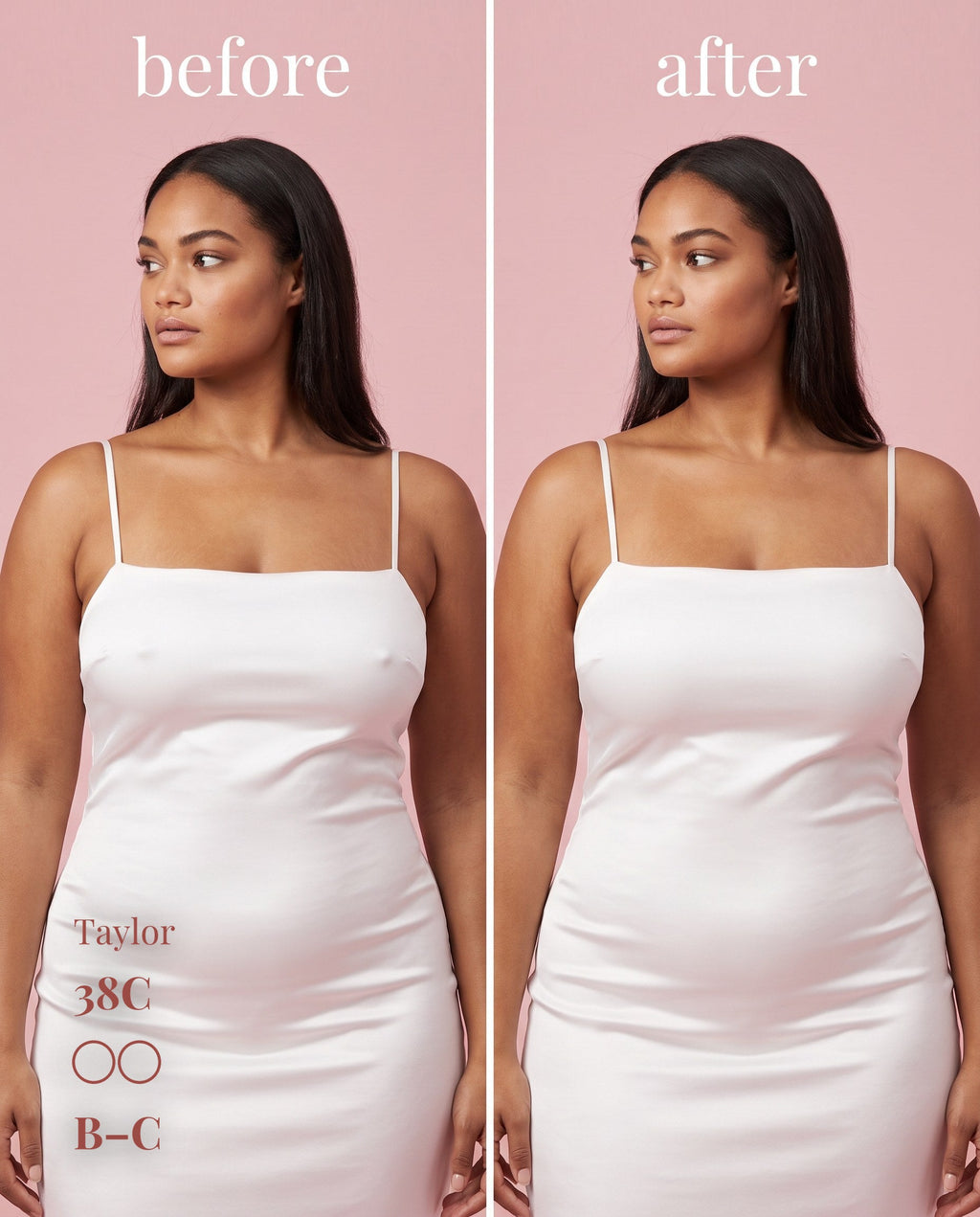 Sticky Boobs adhesive silicone nipple covers, tan shade, cup size B–C, before-and-after product demonstration