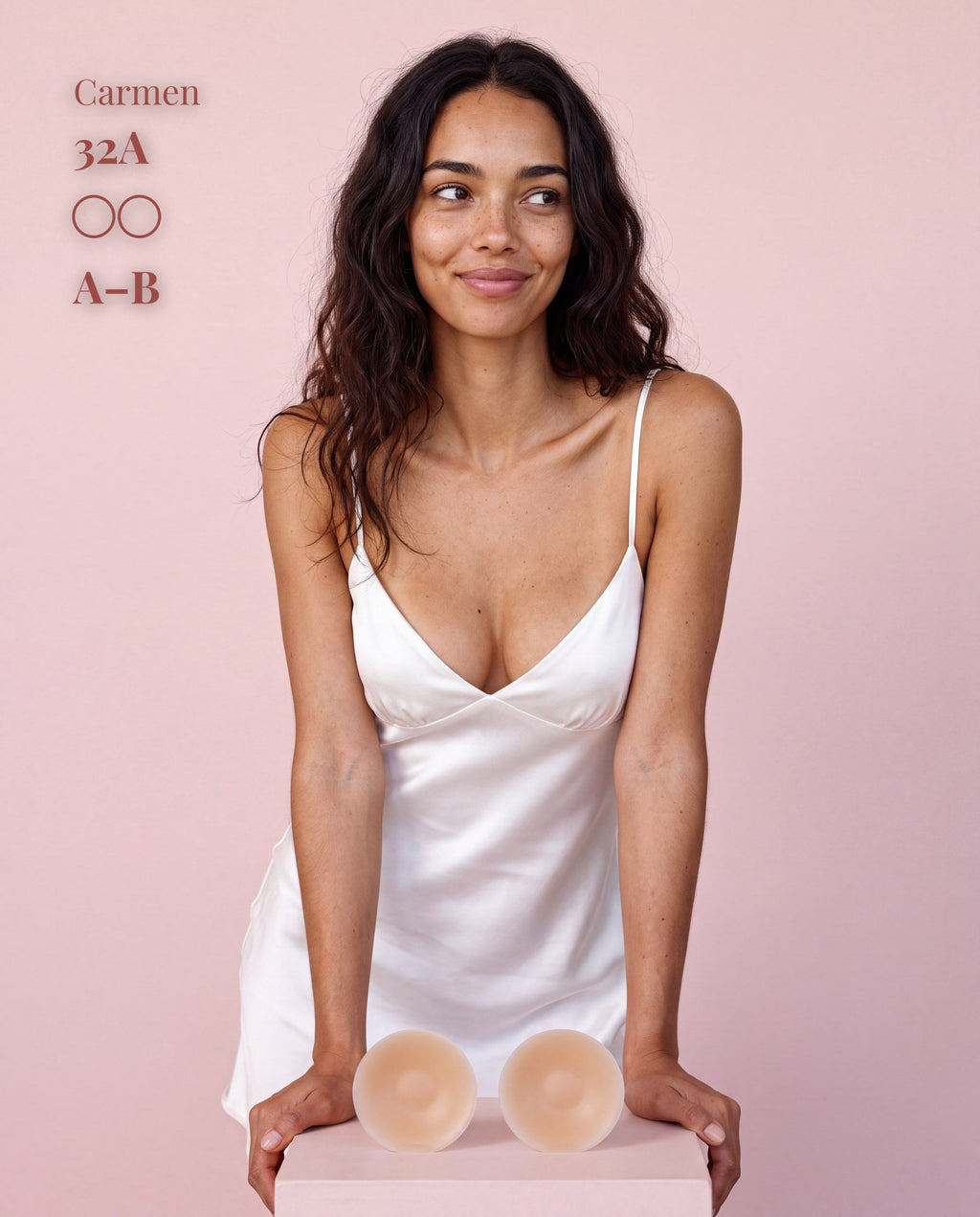 Sticky Boobs adhesive silicone nipple covers, tan shade, cup size B–C, model and product packaging