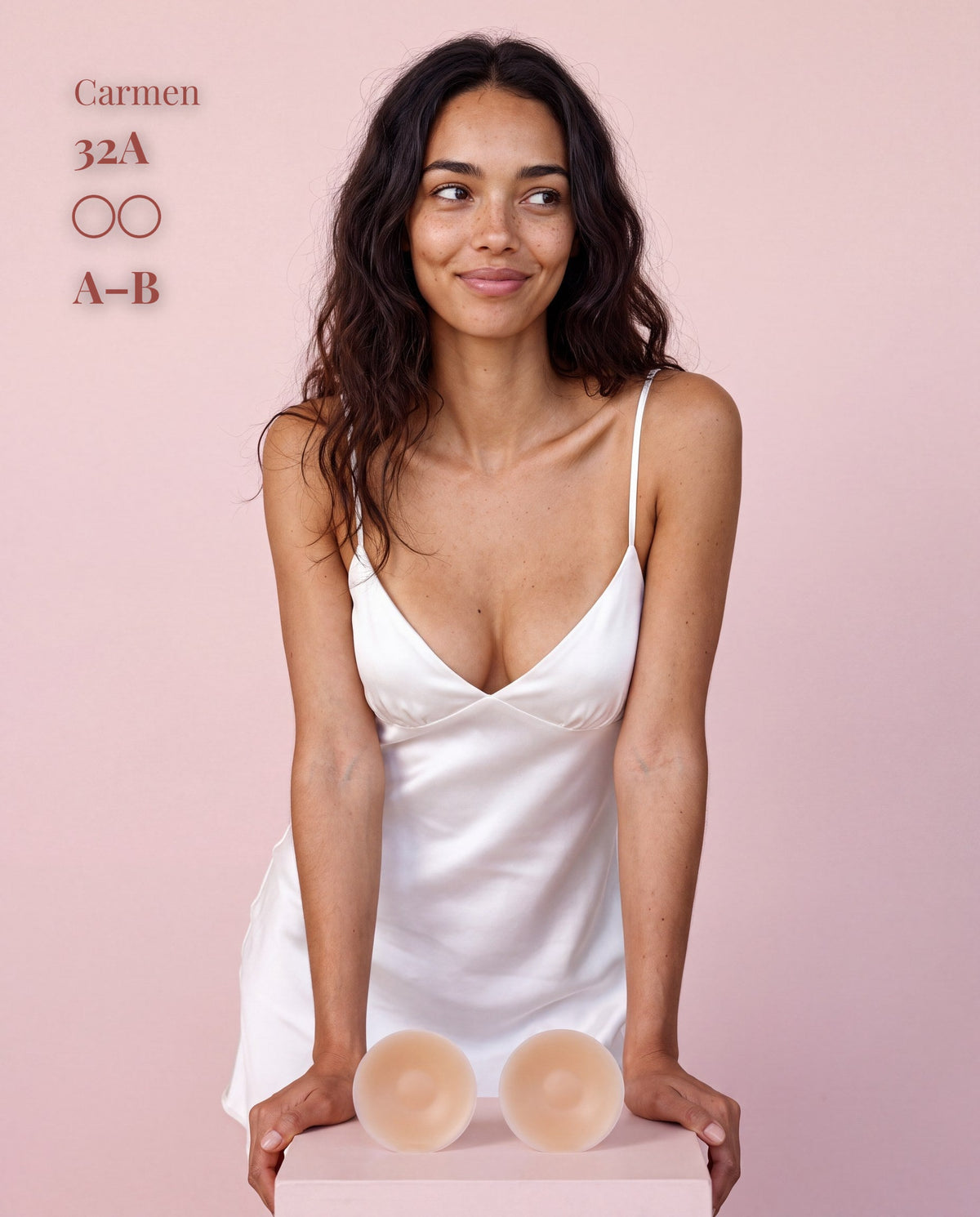 Sticky Boobs adhesive silicone nipple covers, tan shade, cup size B–C, model and product packaging
