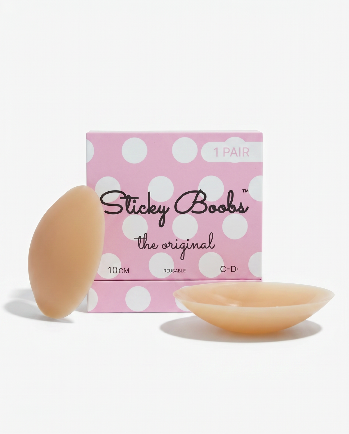 Sticky Boobs adhesive silicone nipple covers, tan shade, cup size C–D, product photograph