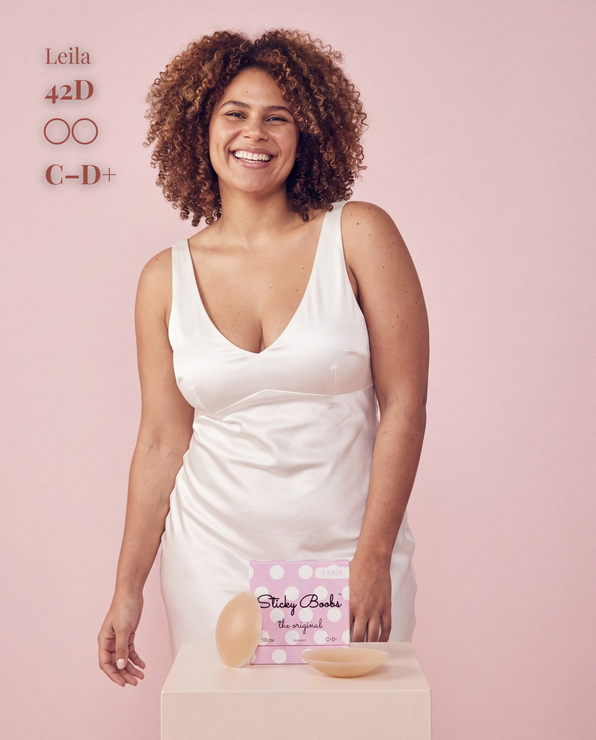 Sticky Boobs adhesive silicone nipple covers, tan shade, model and product packaging