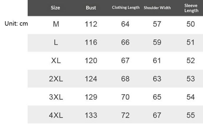 A size chart table showing measurements in centimeters for clothing sizes M, L, XL, 2XL, 3XL, and 4XL, with columns for Size, Bust, Clothing Length, Shoulder Width, and Sleeve Length.