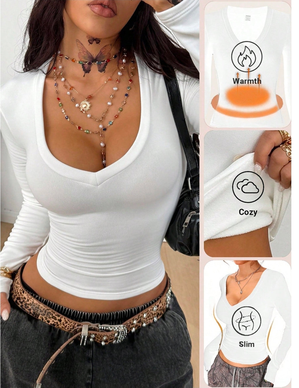 Women’s White Slim-Fit Long-Sleeve Top