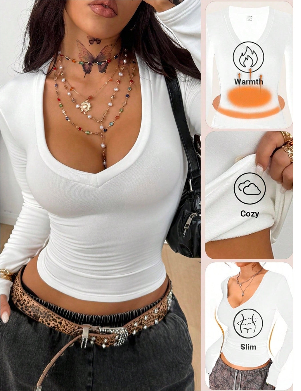Women’s White Slim-Fit Long-Sleeve Top