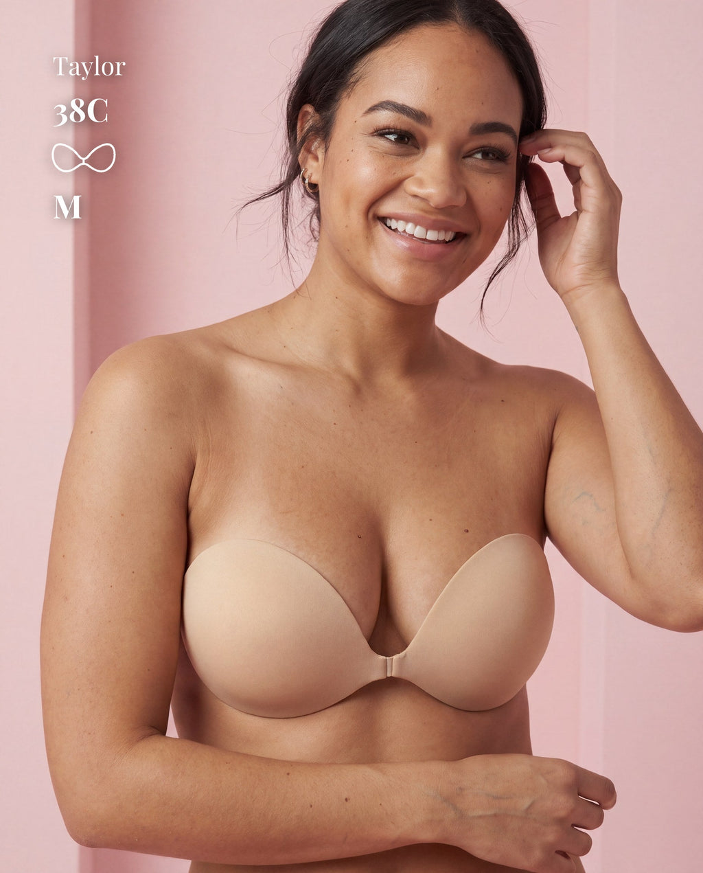 Sticky Boobs adhesive push-up strapless bra, tan shade, product standing view