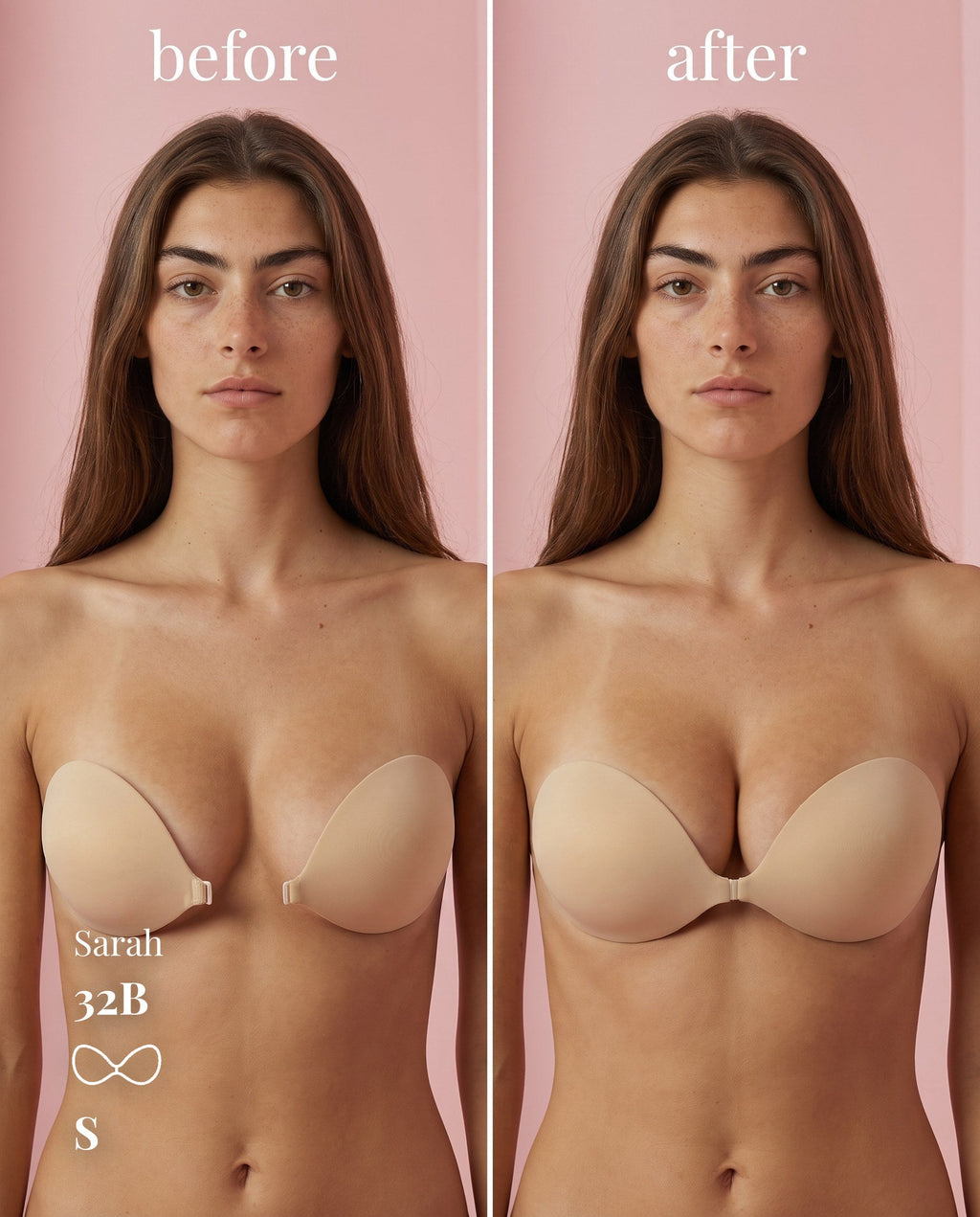 Sticky Boobs adhesive push-up strapless bra, before-and-after product demonstration