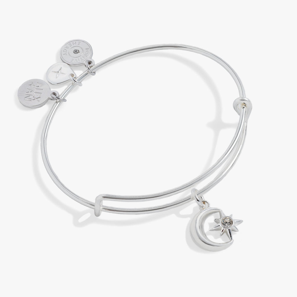 Star and Moon Charm Bangle in shiny silver