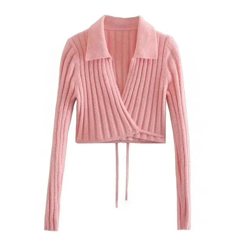 Pink fine-knit cardigan with lace-up bow detail