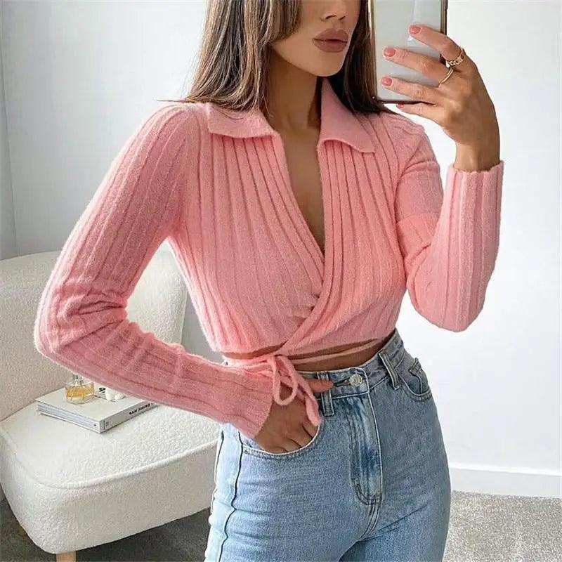 Pink lace-up V-neck cropped knit cardigan - front view