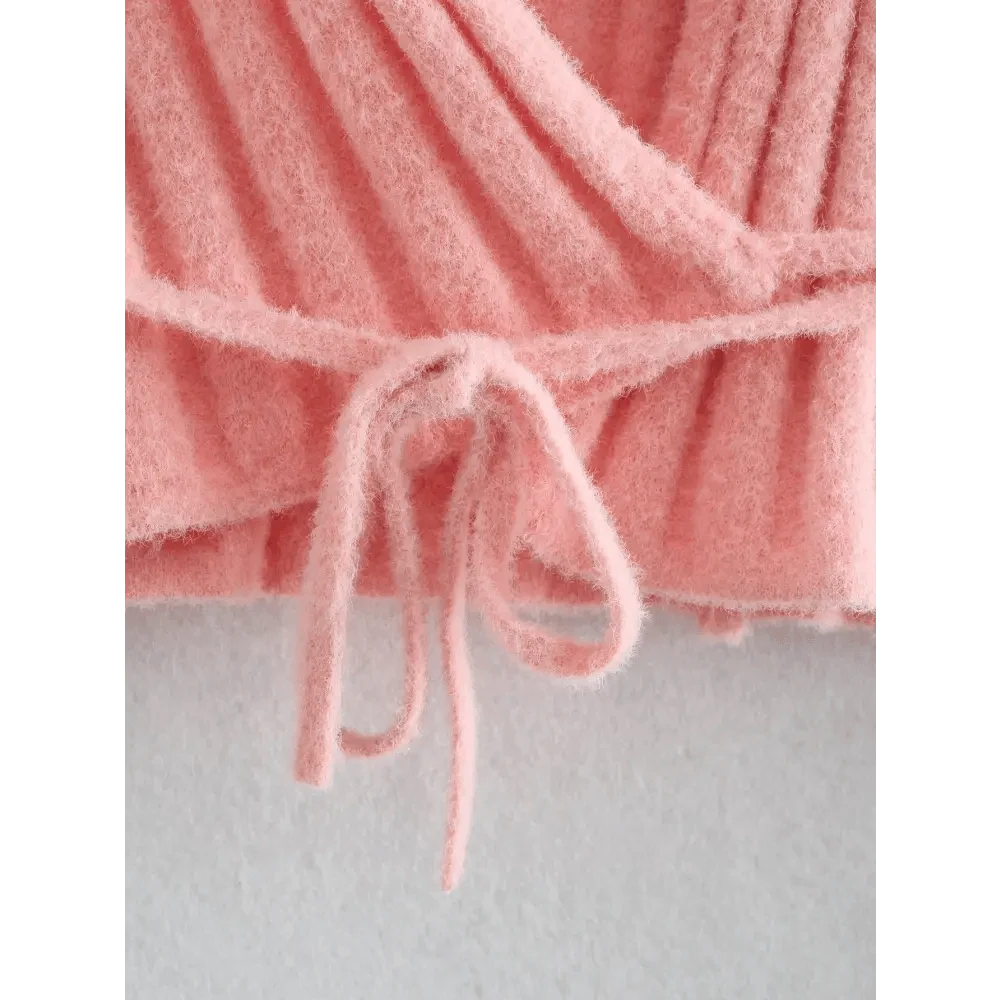 Women's pink V-neck knit cardigan - lifestyle view