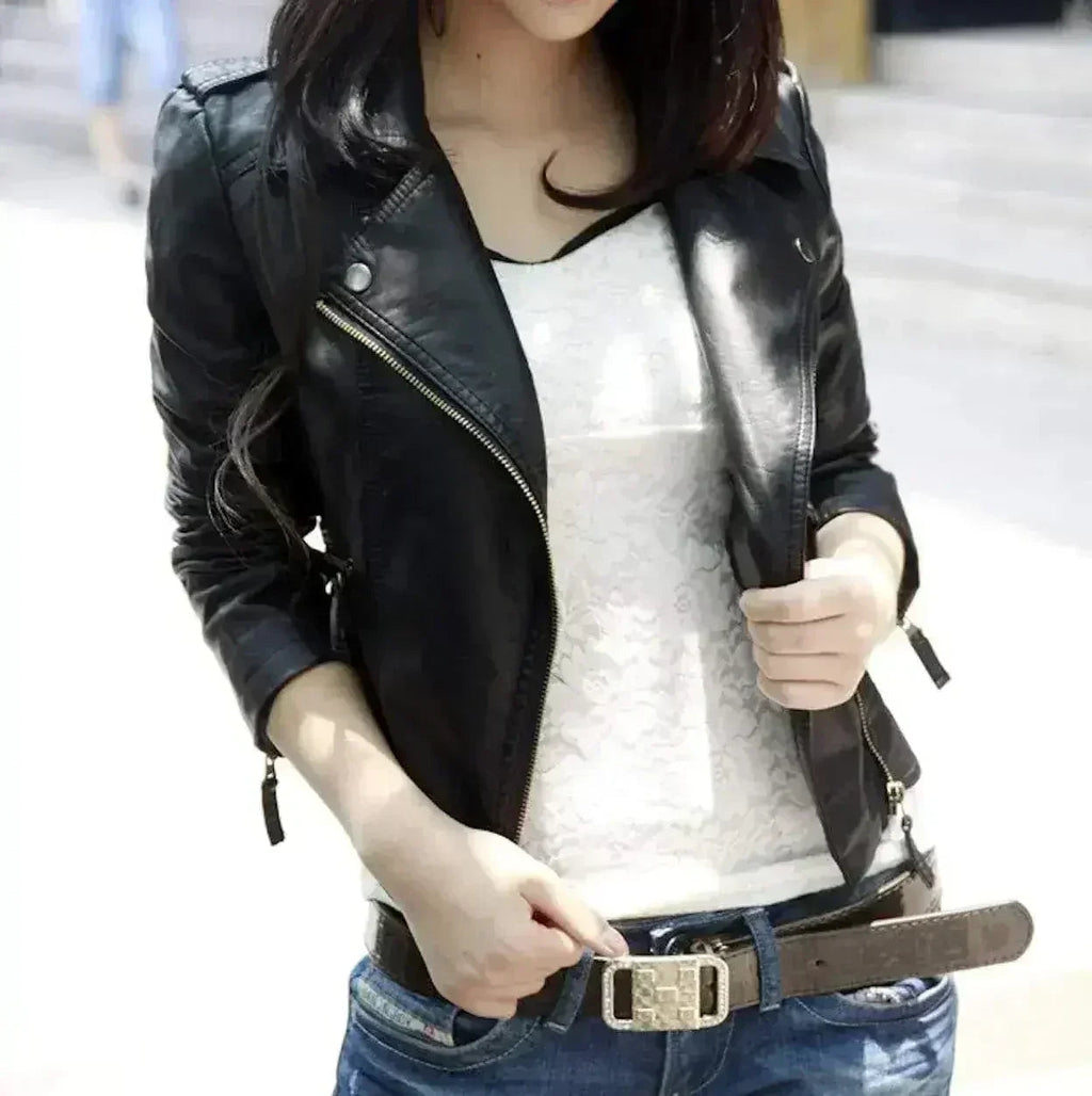 Cropped black vegan leather jacket front view