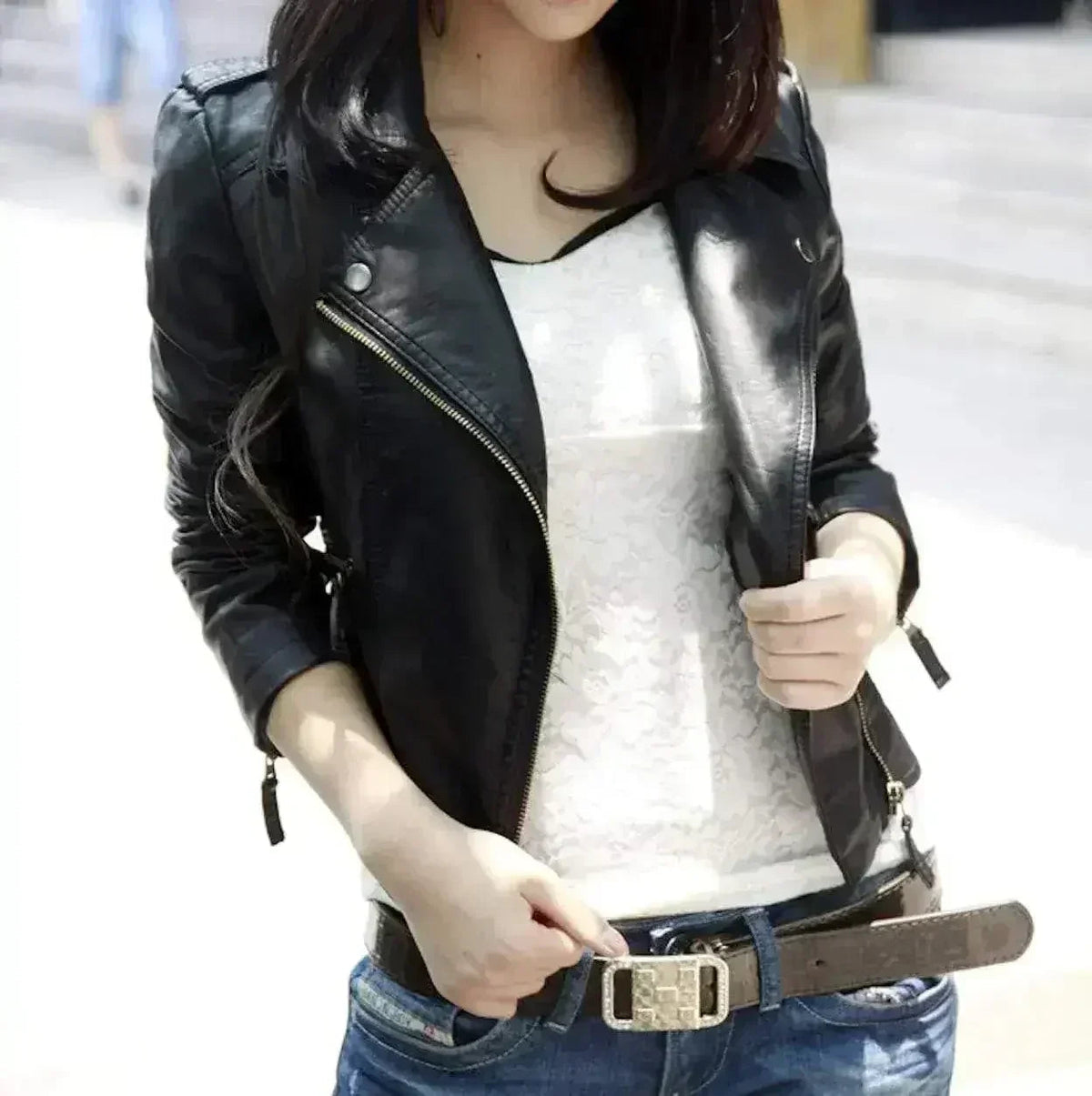 Cropped black vegan leather jacket front view