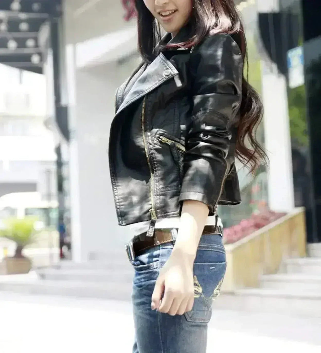 Cropped black vegan leather jacket alternate view