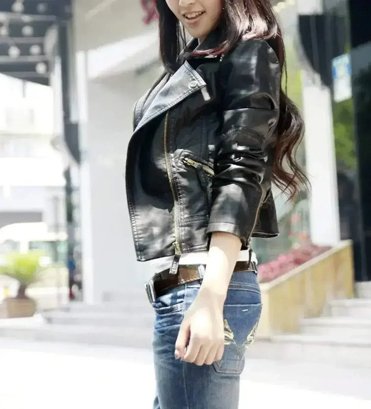 Cropped black vegan leather jacket alternate view