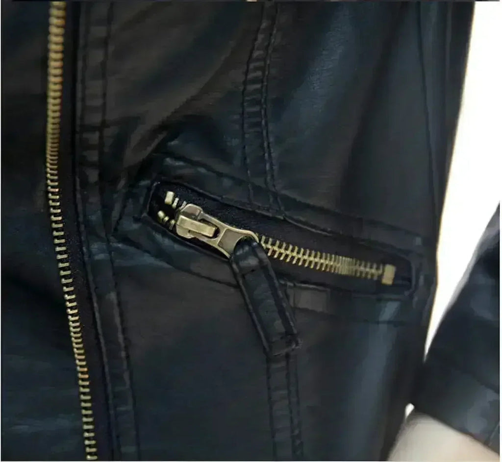 Cropped black vegan leather jacket side view